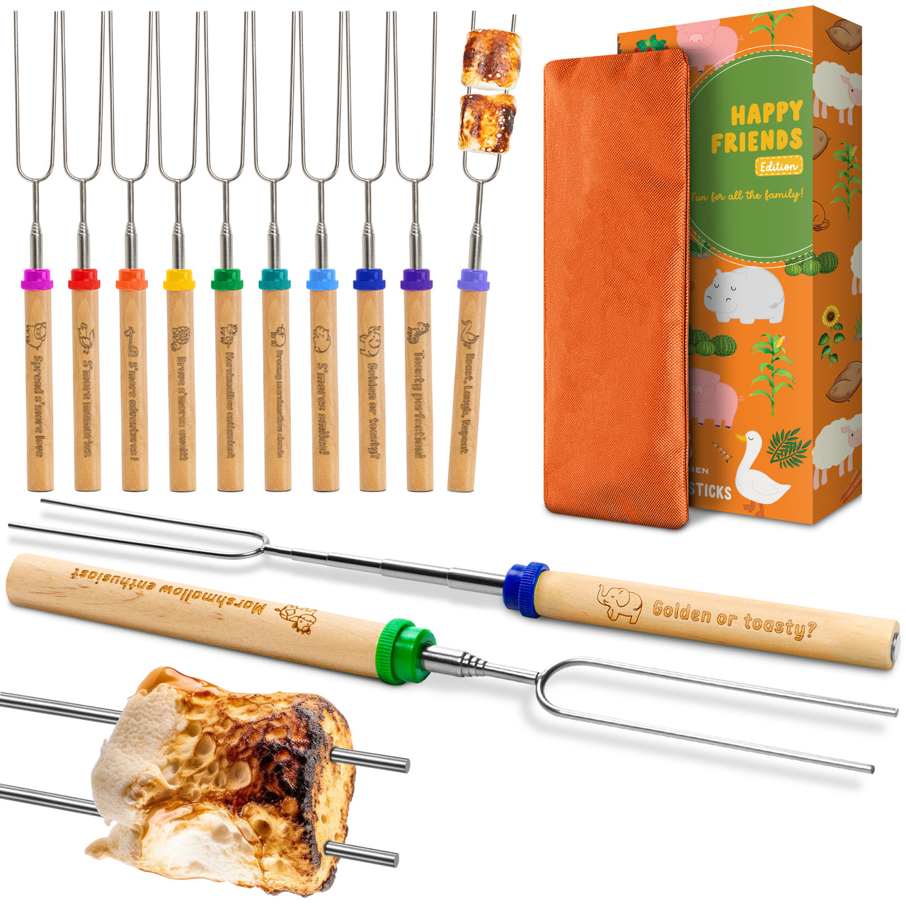 Marshmallow Roasting Sticks for Kids - Set of 10pcs Smores Sticks with Animals Engraved Handles from Carpathen