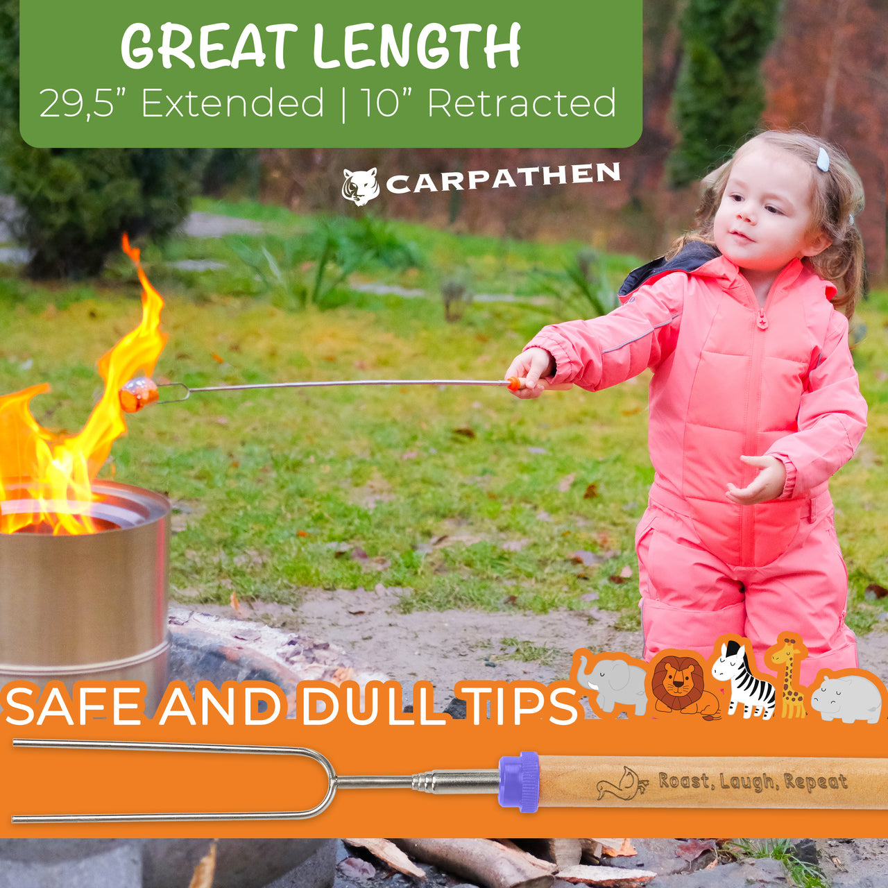Designed with safety in mind, these extra-long marshmallow roasting sticks extend up to 34 inches—keeping little hands far from flames.