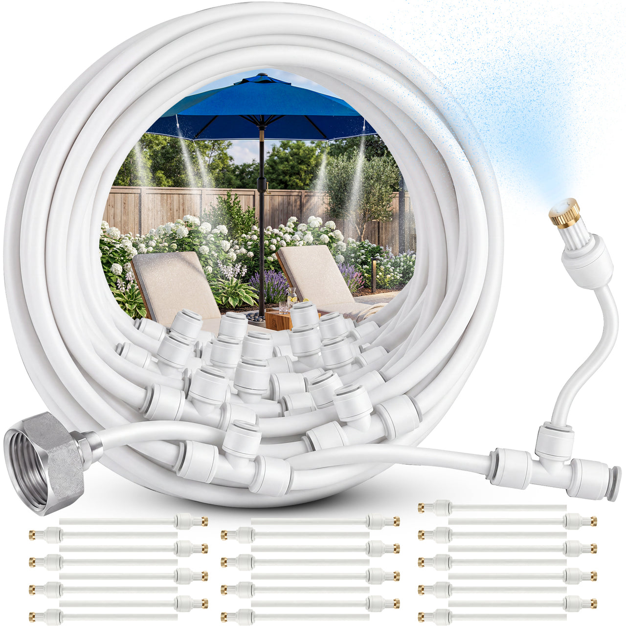 Misting System for Patio, 75 FT Outdoor Misters for Outside Patio Cooling, Fine Mist Mister Kit with Flexible Rod Nozzles, Garden Faucet Setup for Pergola, Garden, Greenhouse, Backyard, White