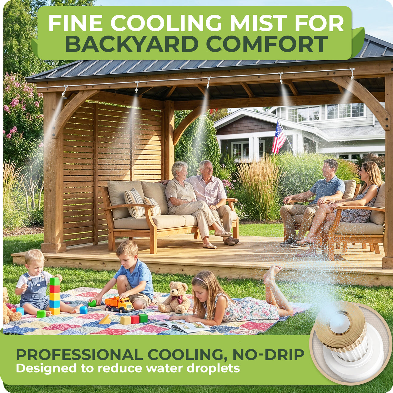 Fine cooling mist for backyard confort . Professional cooling, no-drip - Designed to reduce water droplets 