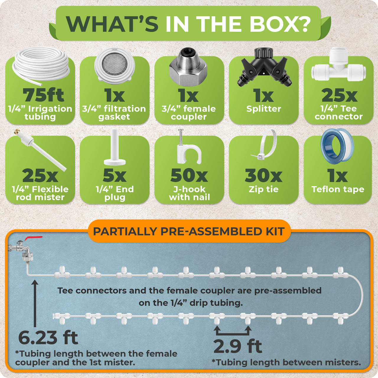 Set up your outdoor mister kit with pre-assembled 1/4 in tubing, quick-connect fittings and included mounts, then connect it to a standard garden faucet or hose for a cleaner patio or pergola layout.