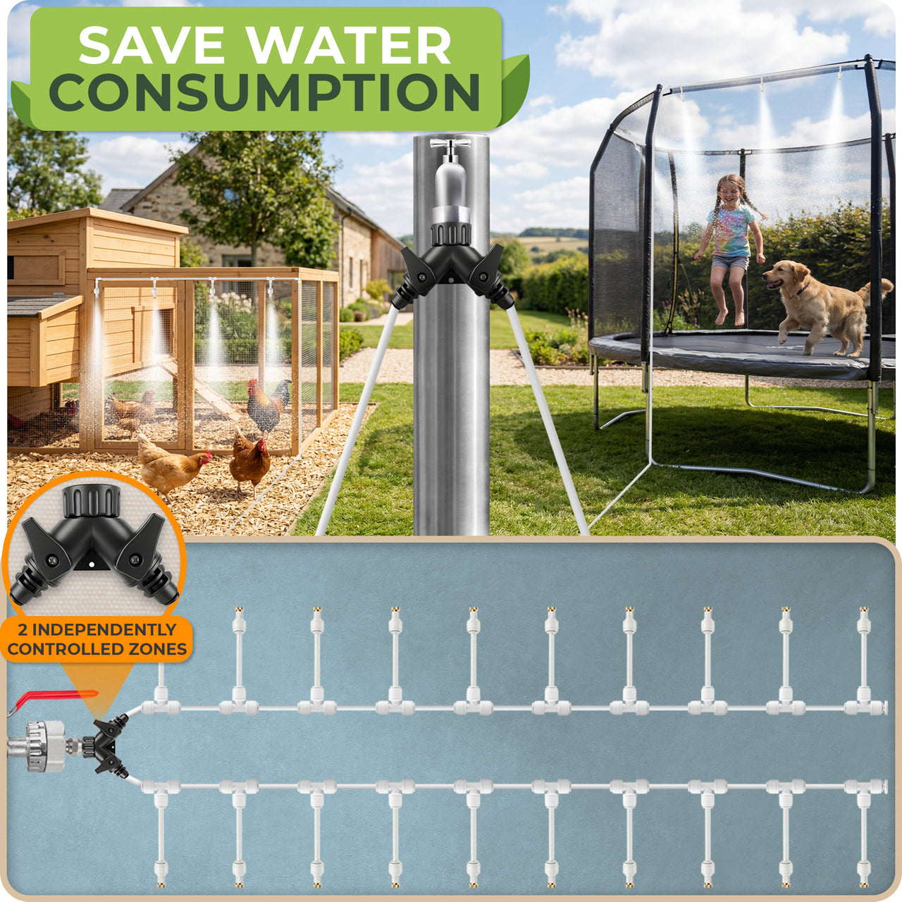 Use this misting system as a patio cooling setup that creates fine cooling airflow without the heavy spray common in basic kits, helping reduce wet furniture while keeping decks usable on hot days