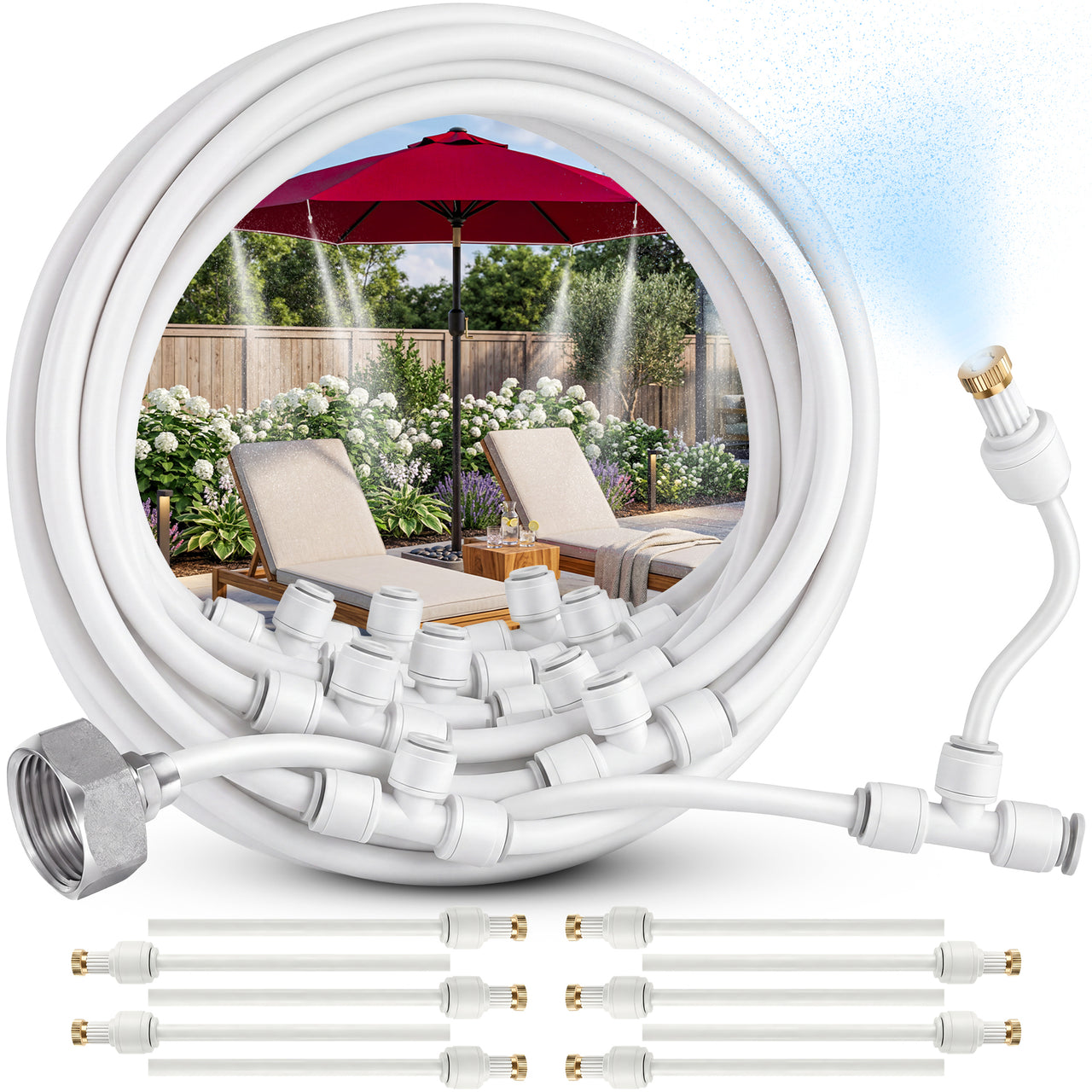 Misting System for Patio, 33 FT Outdoor Misters for Outside Patio Cooling, Fine Mist Mister Kit with Flexible Rod Nozzles, Garden Faucet Setup for Pergola, Garden, Greenhouse, Backyard, White