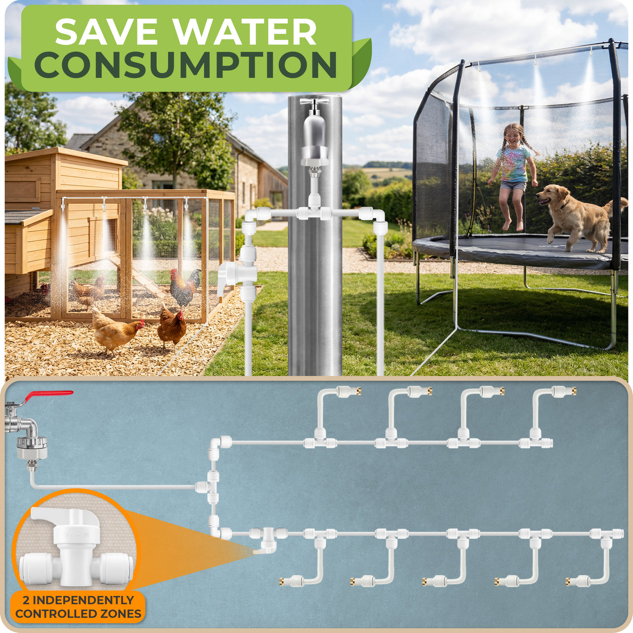 Water Flow Control: The cooling mist can be tuned with valve connectors, letting you adjust flow, shut off a branch when needed and balance coverage for small patios, balconies or backyard zones.