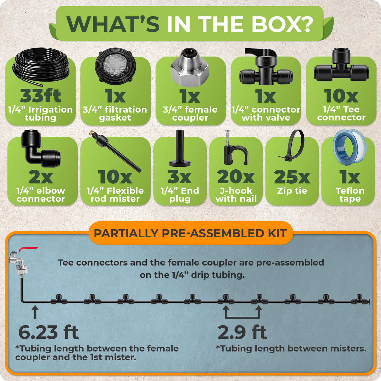 Easy Faucet Setup: Set up your outdoor mister kit with pre-assembled 1/4 in tubing, quick-connect fittings and included mounts, then connect it to a standard garden faucet or hose for a cleaner patio or pergola layout.
