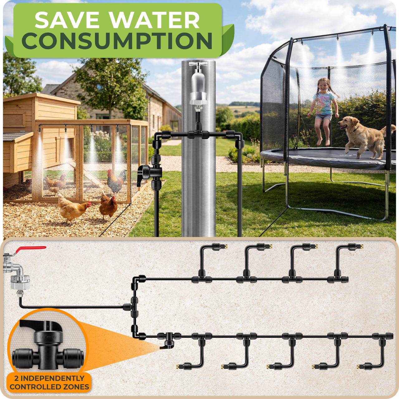 Water Flow Control: The cooling mist can be tuned with valve connectors, letting you adjust flow, shut off a branch when needed and balance coverage for small patios, balconies or backyard zones.