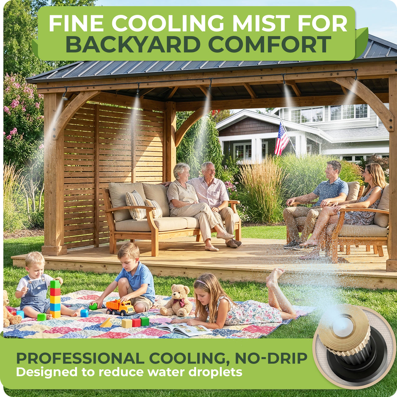 Directional Cooling: Flexible rod emitters let this water mister aim mist left, right, up or down, so you can target chairs, pergolas, pet areas or plants instead of spraying everywhere near guests.