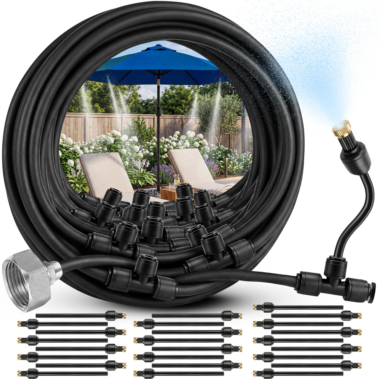 Misting System for Patio, 75 FT Outdoor Misters for Outside Patio Cooling, Fine Mist Mister Kit with Flexible Rod Nozzles, Garden Faucet Setup for Pergola, Garden, Greenhouse, Backyard, Black