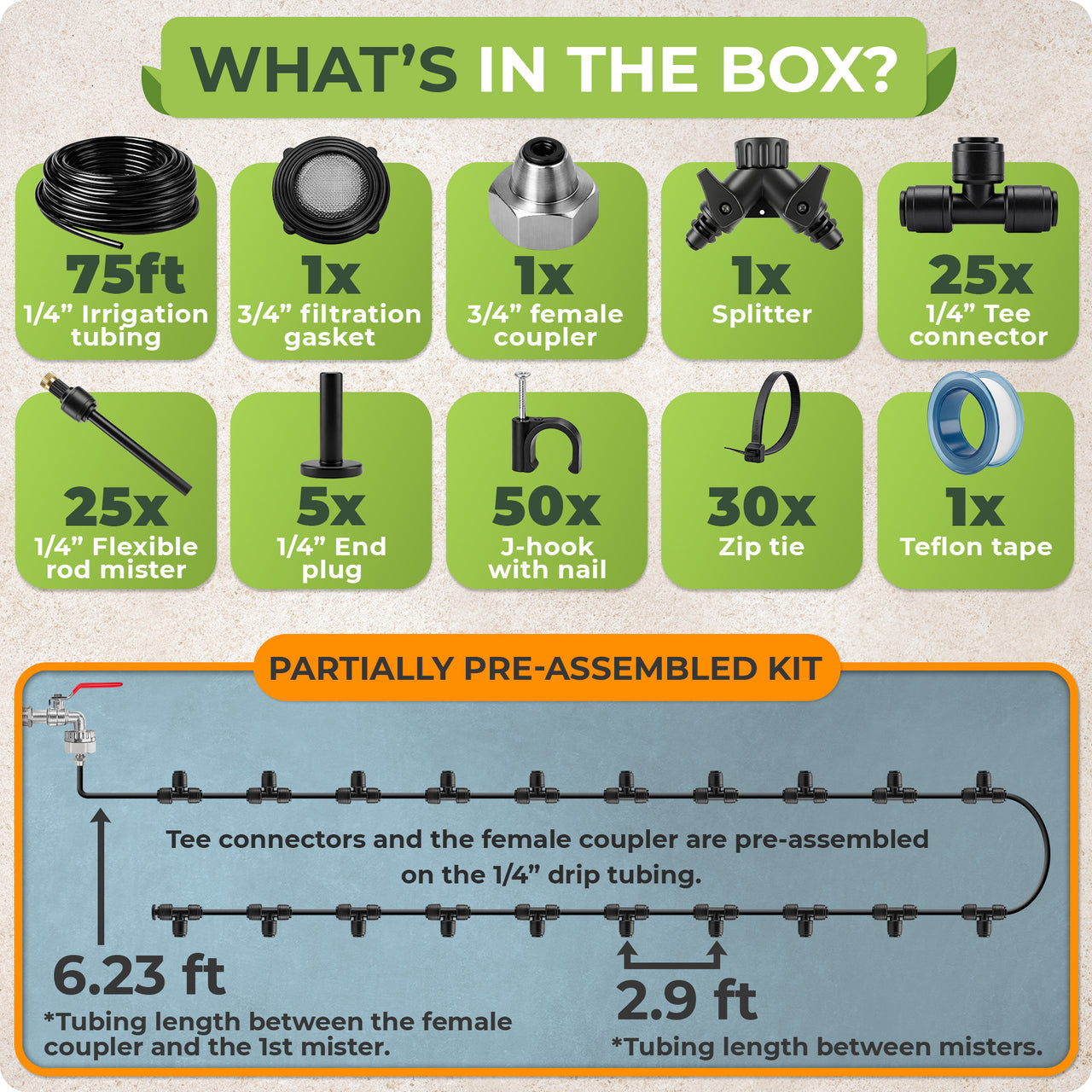 Easy Faucet Setup: Set up your outdoor mister kit with pre-assembled 1/4 in tubing, quick-connect fittings and included mounts, then connect it to a standard garden faucet or hose for a cleaner patio or pergola layout.