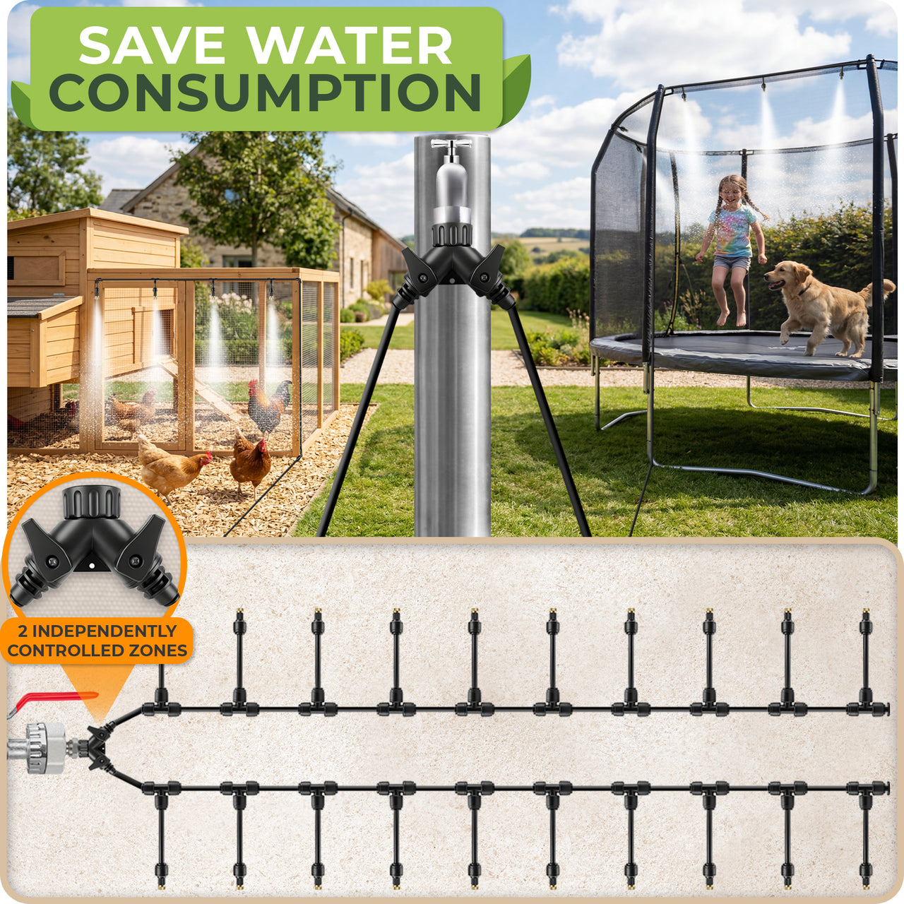 Water Flow Control: The cooling mist can be tuned with valve connectors, letting you adjust flow, shut off a branch when needed and balance coverage for small patios, balconies or backyard zones.