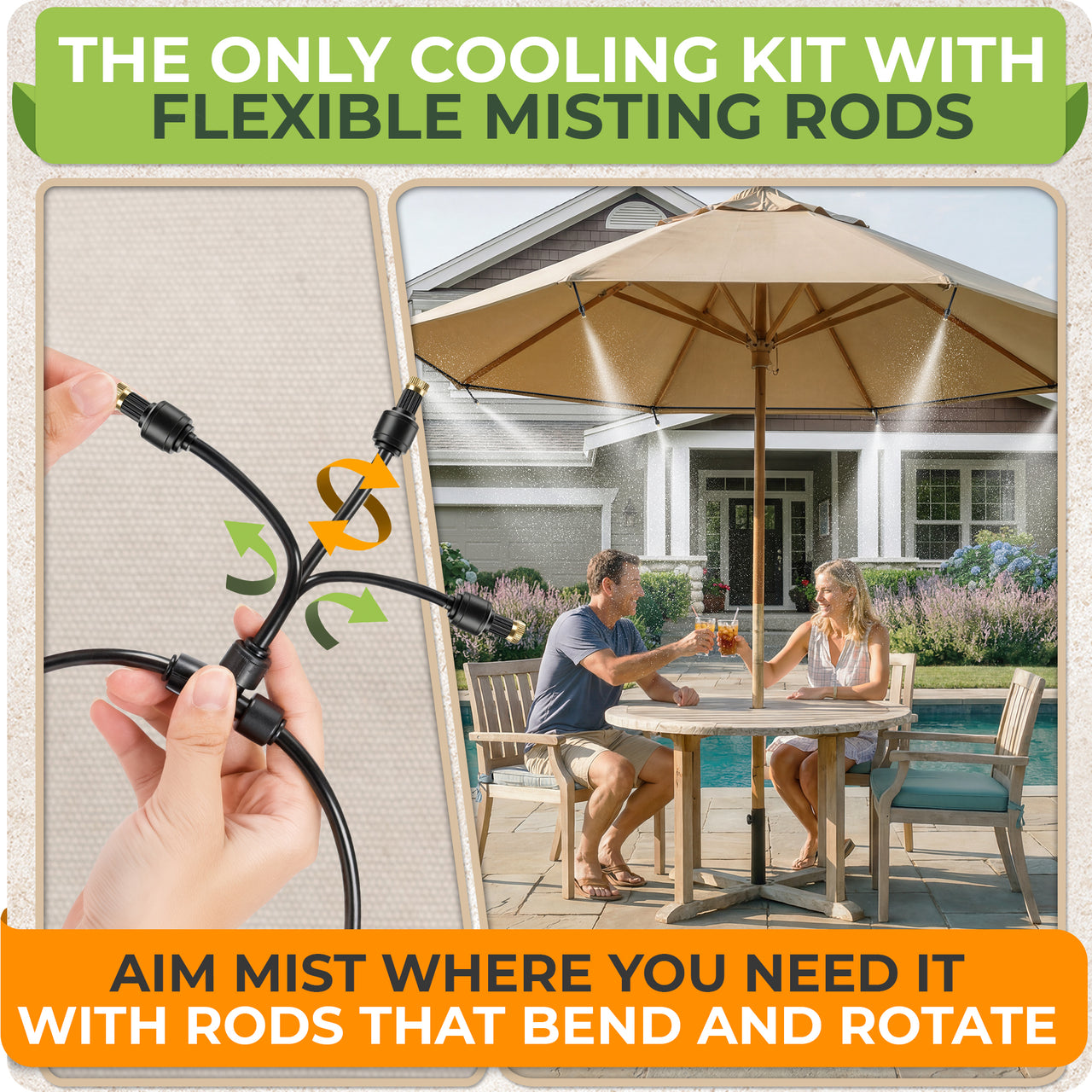 Flexible rod emitters let this water mister aim mist left, right, up or down, so you can target chairs, pergolas, pet areas or plants instead of spraying everywhere near guests.