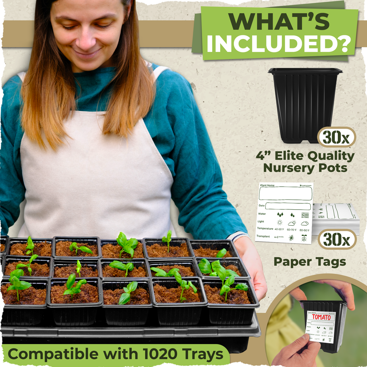 Square Nursery Pots - 30 Pack 3.8 Inch Deep Plastic Seedling Pots - Reusable Seed Starter Pots | Carpathen, 2