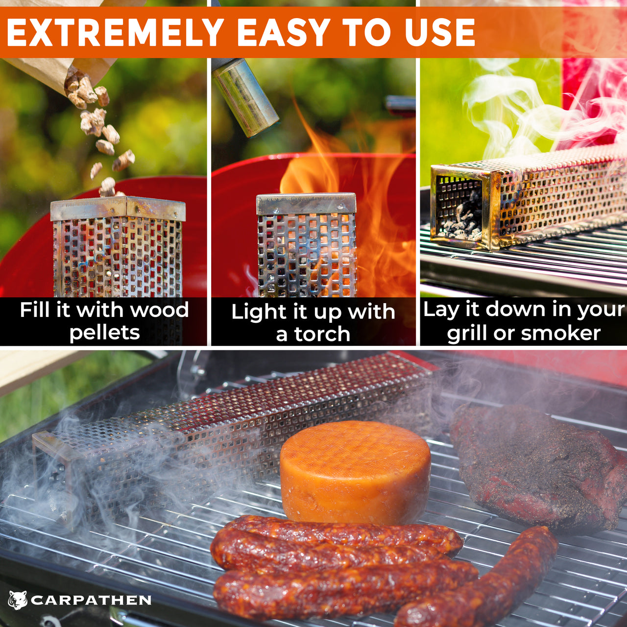 Fill the smoking tube with food-grade wood pellets and light. You'll get 5 hours of thin blue smoke that will infuse any selected flavor into Pork, Ribs, Cured Meat, Hot Dogs, Sausages, Chicken, Cheese.