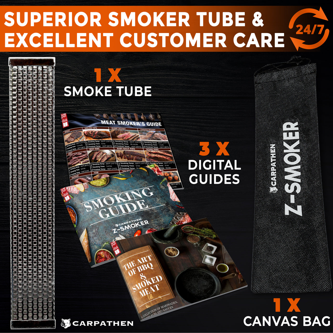 SMOKER TUBE KIT: 1 Smoke tube, 1 Smoking Guide with Amazing Delicious Recipes and Smoking Tips digital format, 1 Meat Temperature Chart digital format, 1 Marinade, Rubs and BBQ Sauces Guide digital format, 1 smoke tube for pellet smoker User Guide Hard Copy + 1 Canvas Bag for Easy Storage