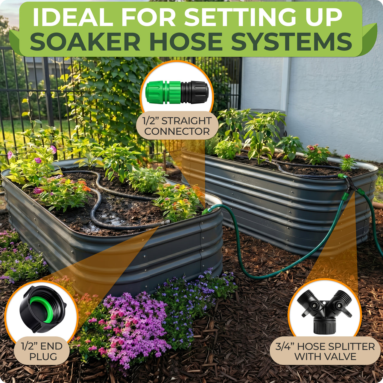 Customize your irrigation system to fit raised beds, rows, or irregular garden spaces. Use splitters, couplers, and end plugs to build a layout that matches your watering needs and adjust it anytime as your garden grows.