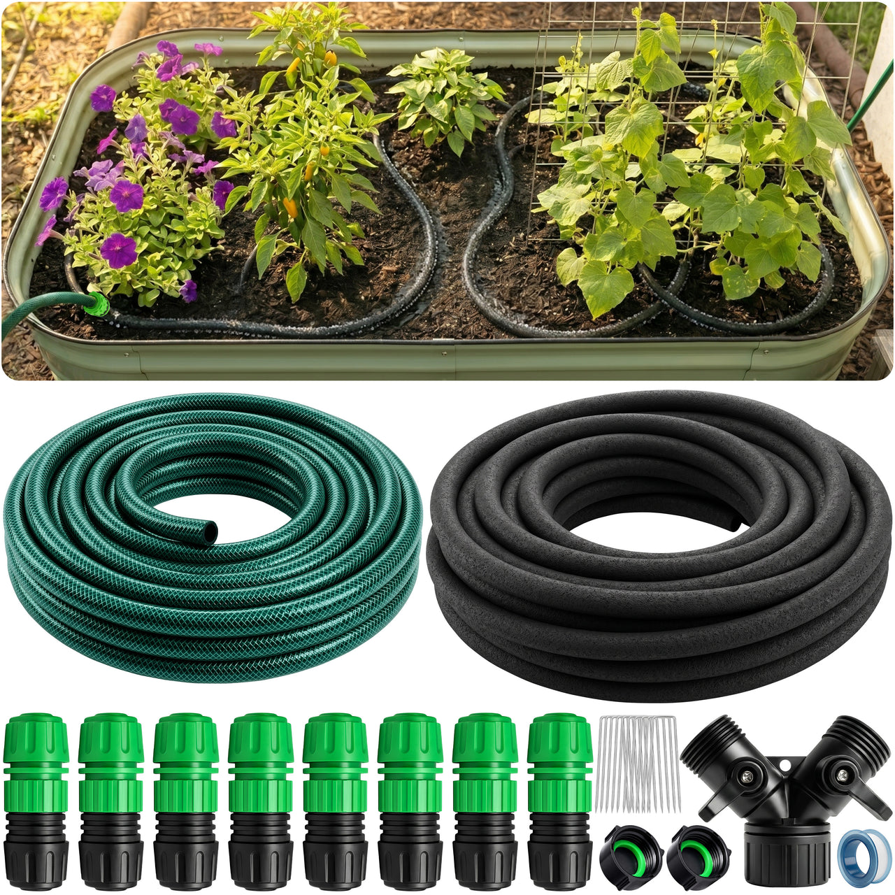 CARPATHEN Drip Irrigation System with 33FT 1/2" Soaker Hose - Water Saving Soaker Hose System with 1/2" 50FT Main Line Tubing & Connectors for Deep Root Watering your Garden, Raised Beds or Greenhouse