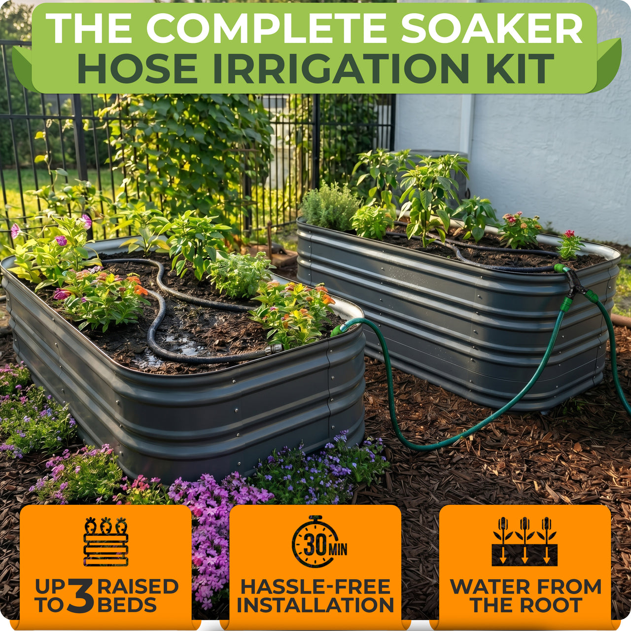 COMPLETE SOAKER HOSE IRRIGATION KIT — WATERS FROM THE ROOT, UP TO 3 RAISED BEDS