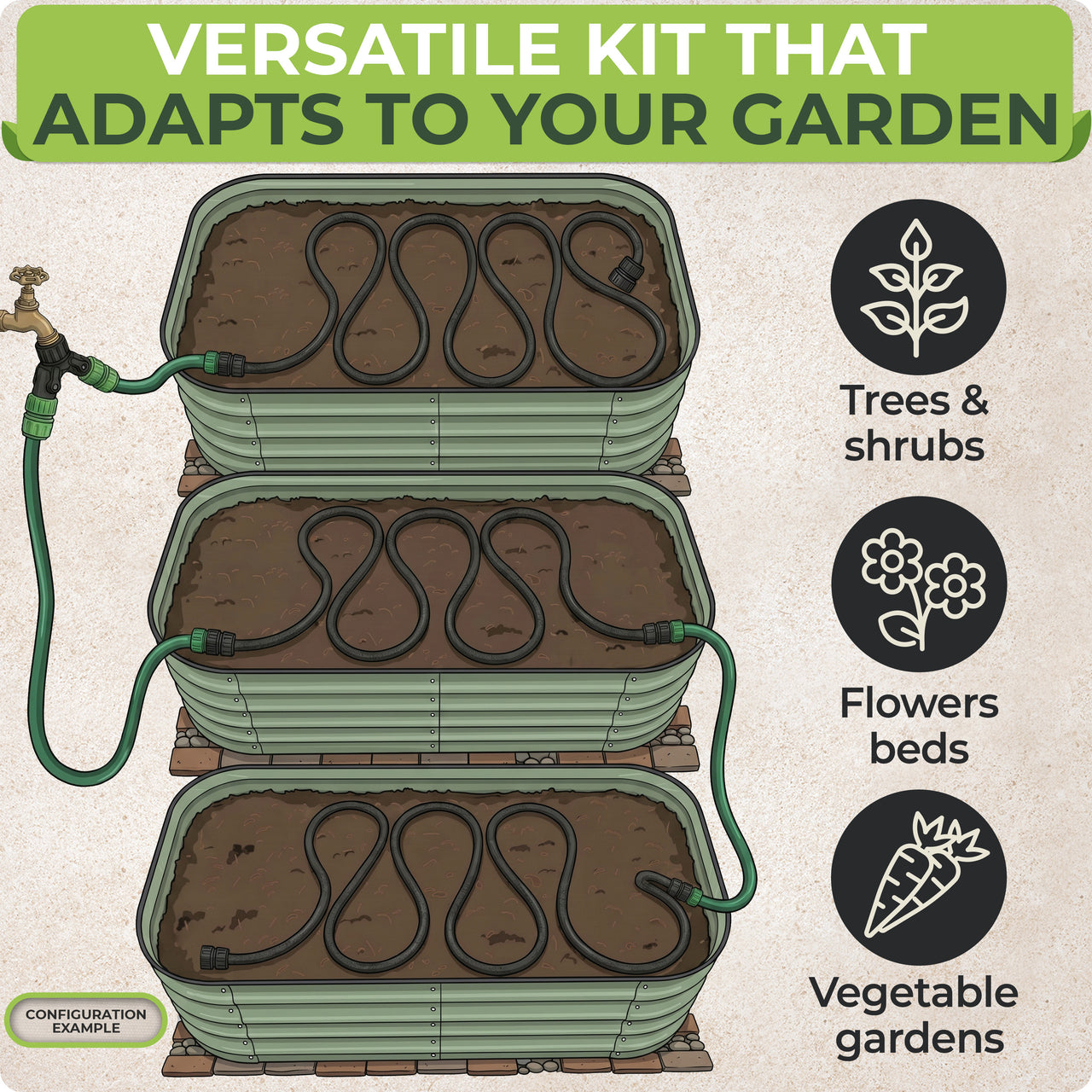 A truly hassle-free gardening watering system and garden watering kit for raised beds, trees, shrubs, and flower beds year-round