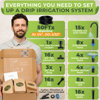 Thumbnail for DRIP IRRIGATION KIT — 50FT MAINLINE, 4 EMITTER TYPES & ALL FITTINGS INCLUDED 50ft mainline (ID: 1/4