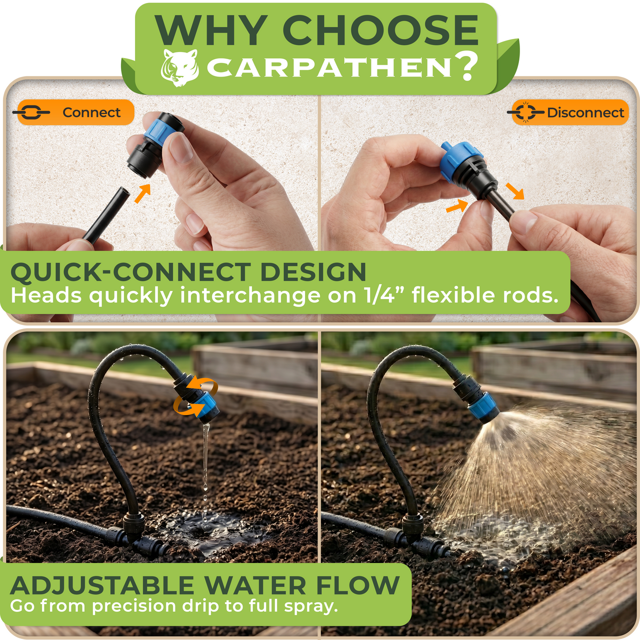 Quick-connect design - Heads quickly interchange on 1/4" flexible rods. Adjustable water flow - Go from precision to full spray.