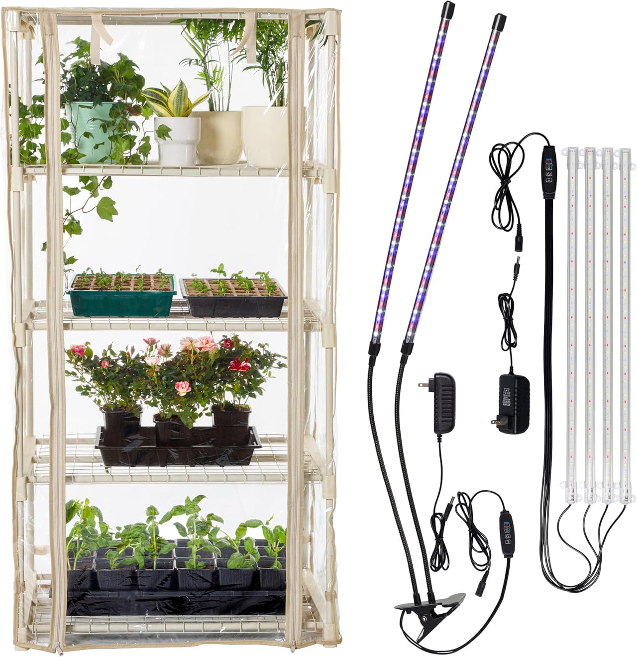 Indoor Greenhouse with Grow Lights - 4 Tiers 27.2"L x 19.3"W x 54"H with 2 Dimmable 15W Full Spectrum LED Light Strips and Spectrum Control  | Carpathen