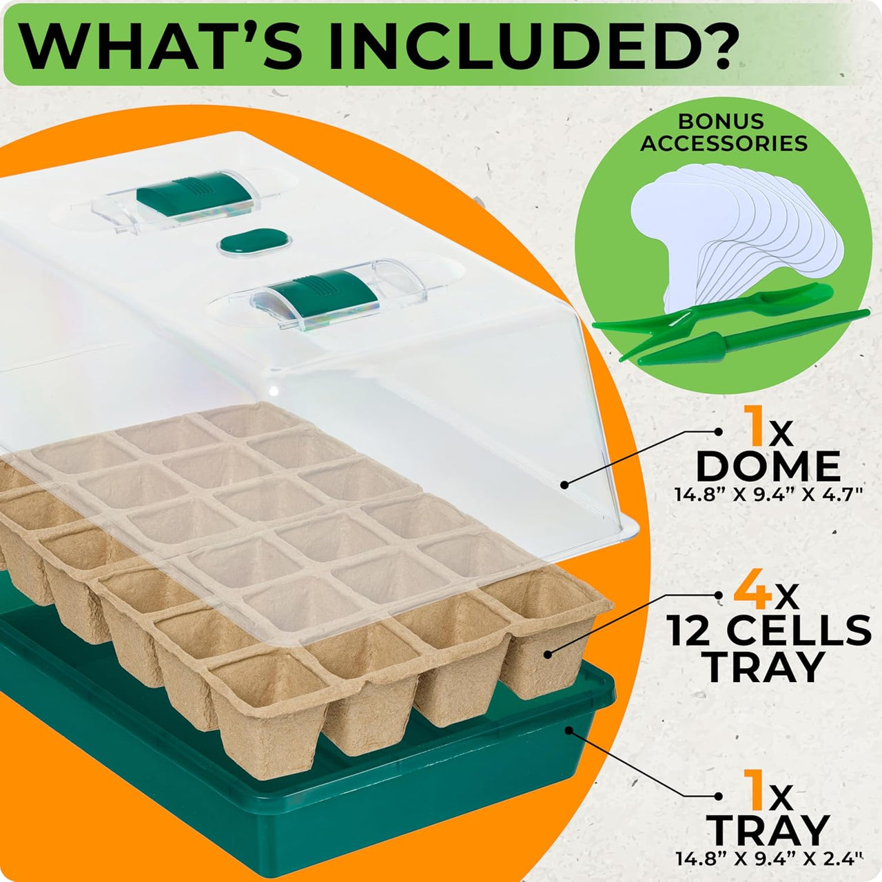 Seed Starter Tray - Seed Starting Tray with Humidity Dome and 48 Peat Pots for Seedlings - Plant Germination Trays Plant Starter Kit and Base Mini Greenhouse Germination Kit | CARPATHEN